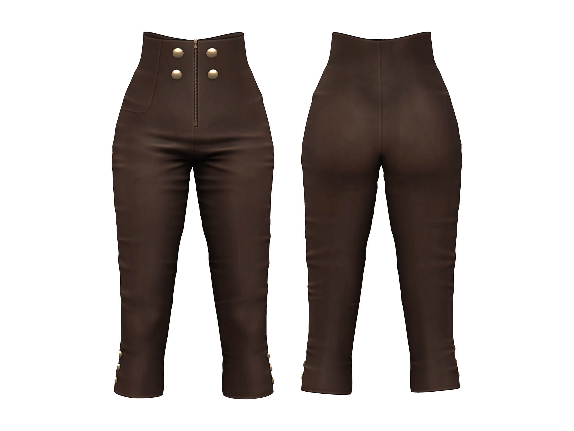 High Waist Double Buttons Capri Pants Low-poly 3D model_3