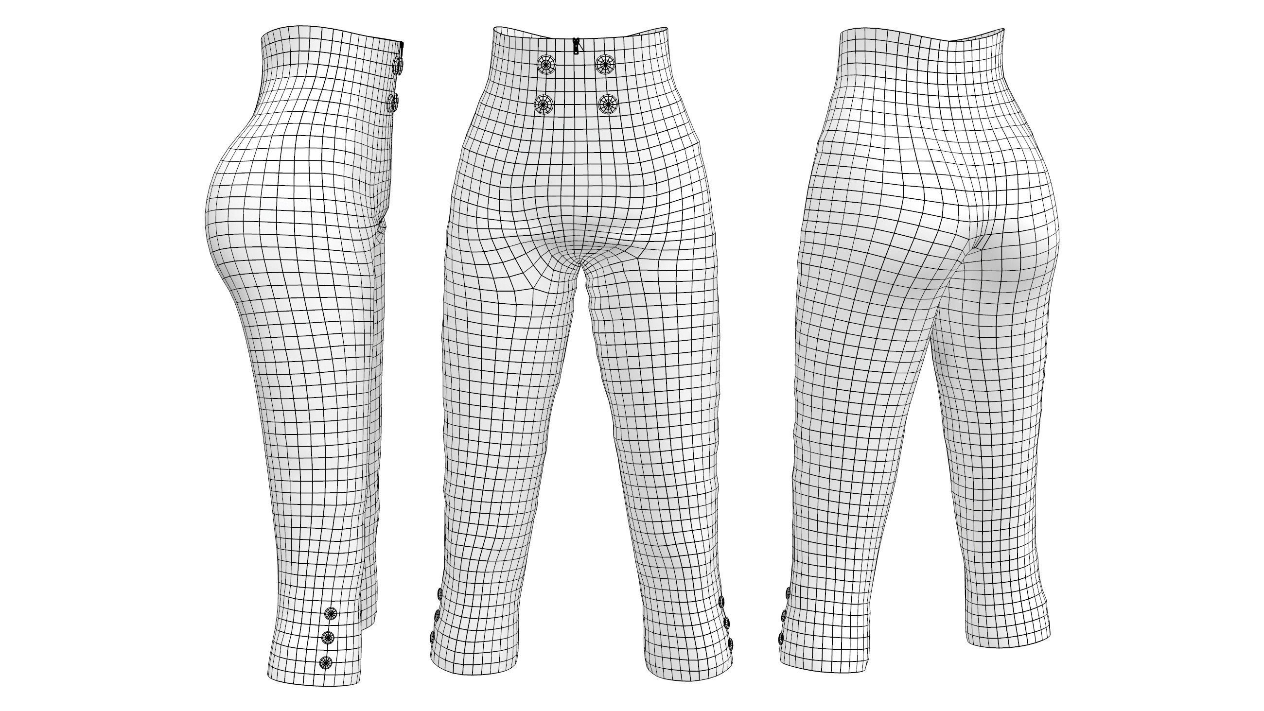 High Waist Double Buttons Capri Pants Low-poly 3D model_4