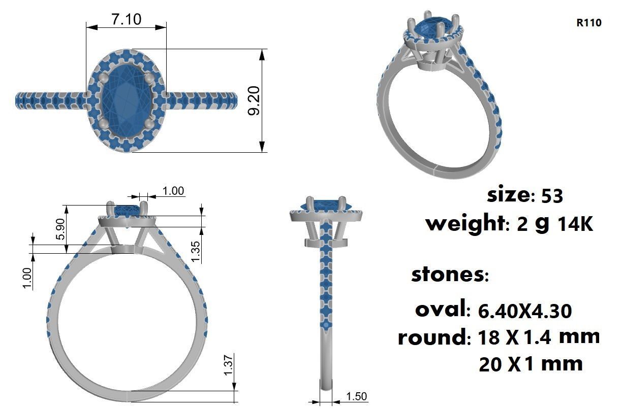 Oval Engagement Ring With Round Diamonds 3D print model_1