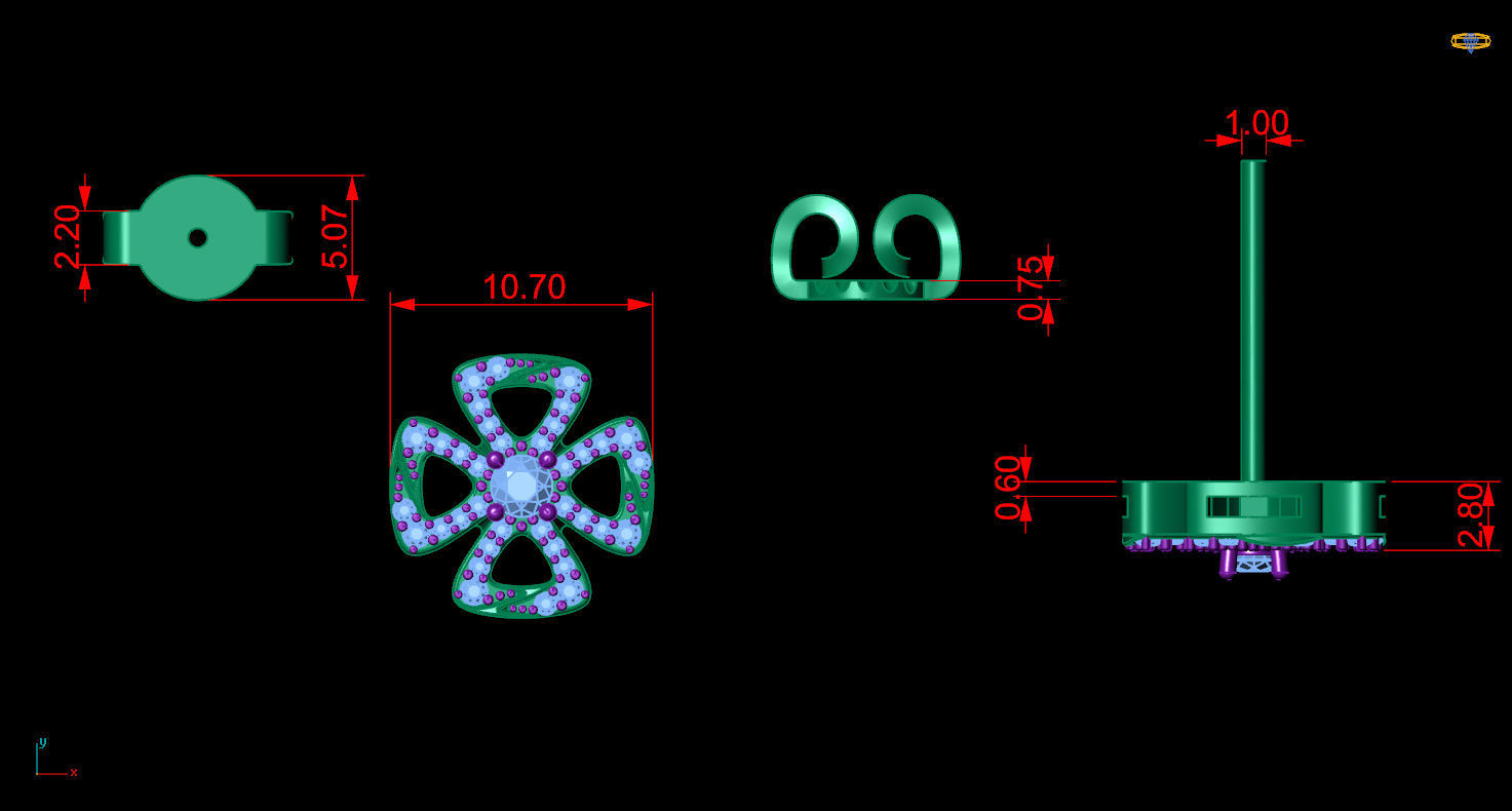 Earrings 9 pair of gold stud with diamonds 3D print model_7