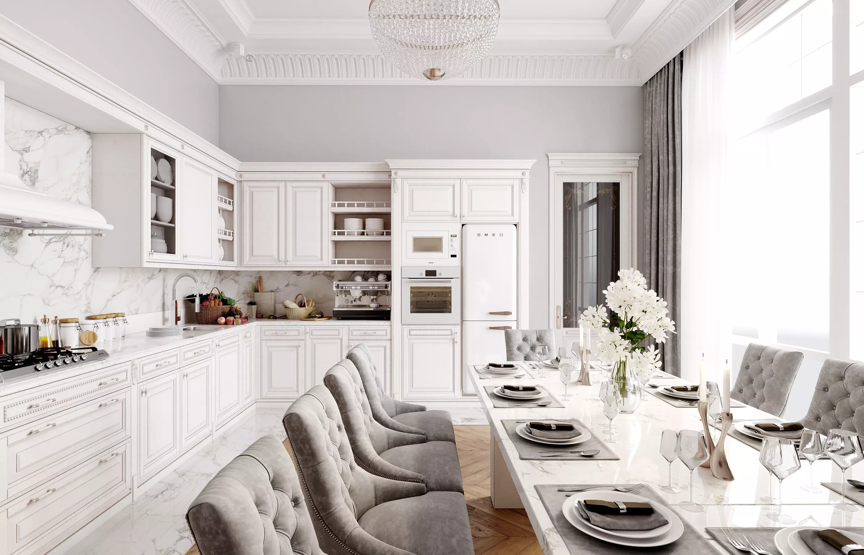 Classic White Kitchen Interior 3D Scene with Corona Renderer 3D model
