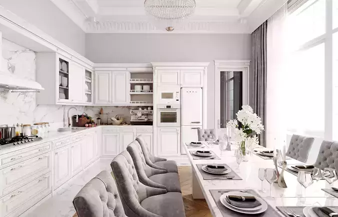 Classic White Kitchen Interior 3D Scene with Corona Renderer