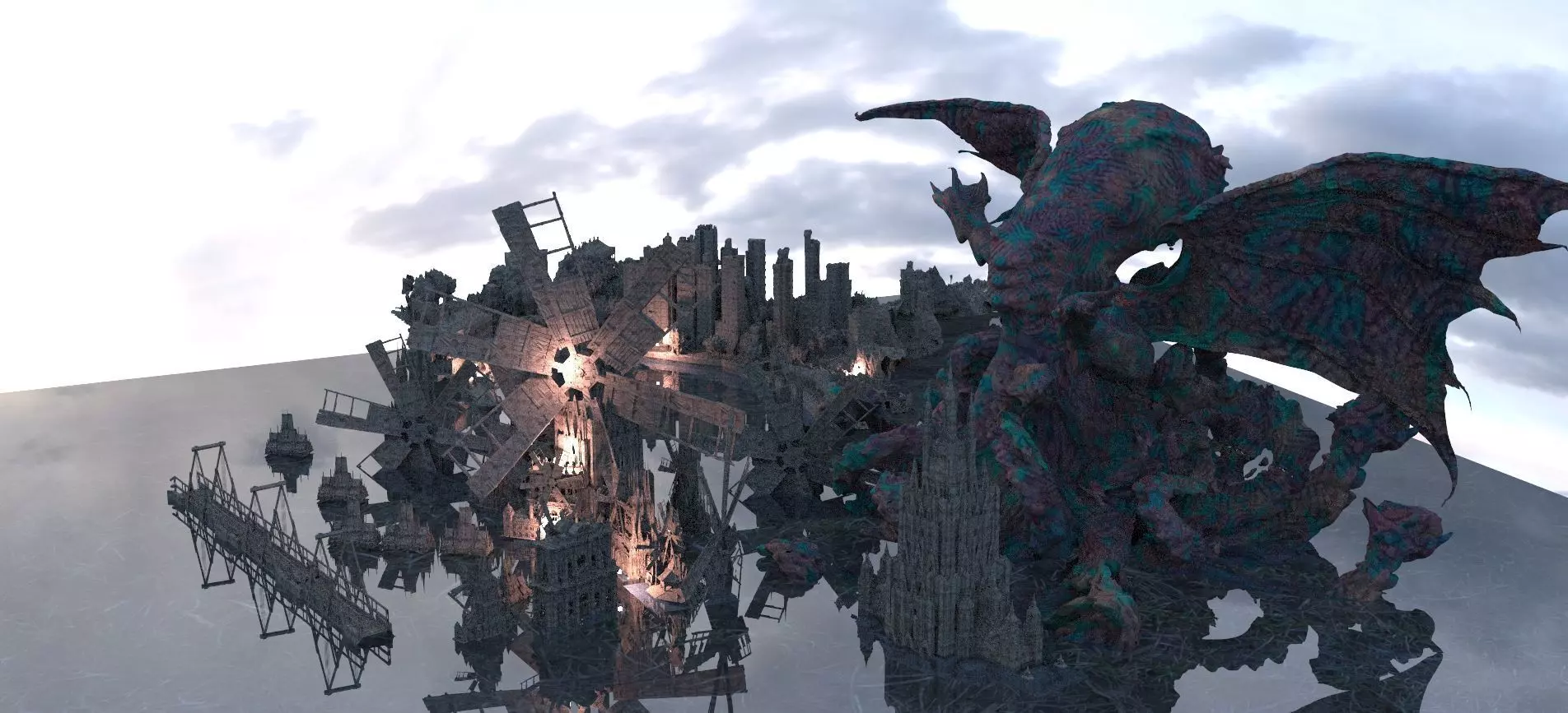 Cthulhu Windmill Horror Town with Cthulhu Monster Kit bash 3D model_0