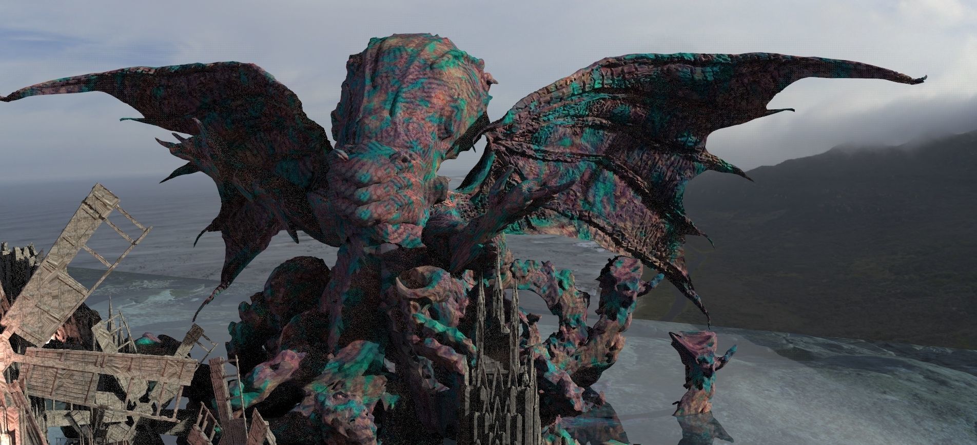 Cthulhu Windmill Horror Town with Cthulhu Monster Kit bash 3D model_2