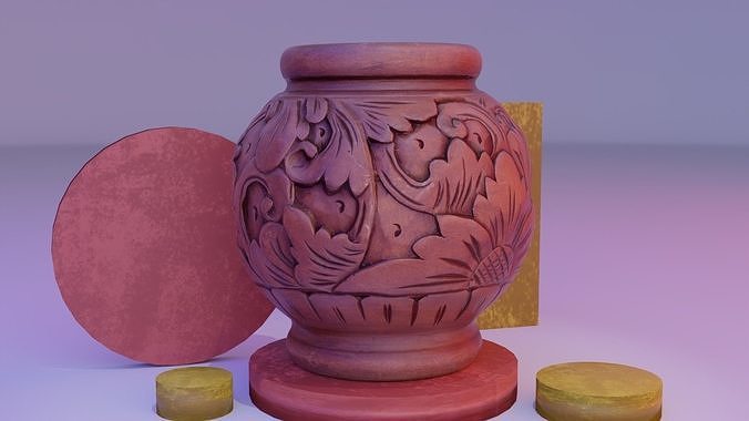Wood carving flowerpot Low-poly 3D model