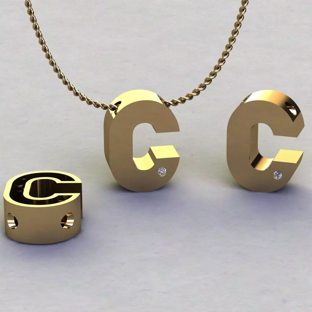 Alphabet C gold necklace with letter cc 3D print model_0