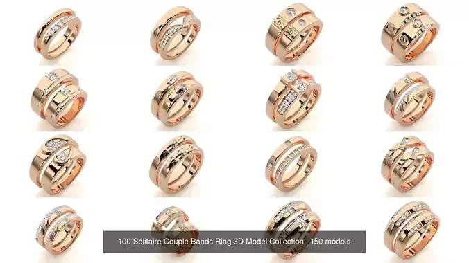 150 Solitaire Couple Bands Ring 3D Model Collection