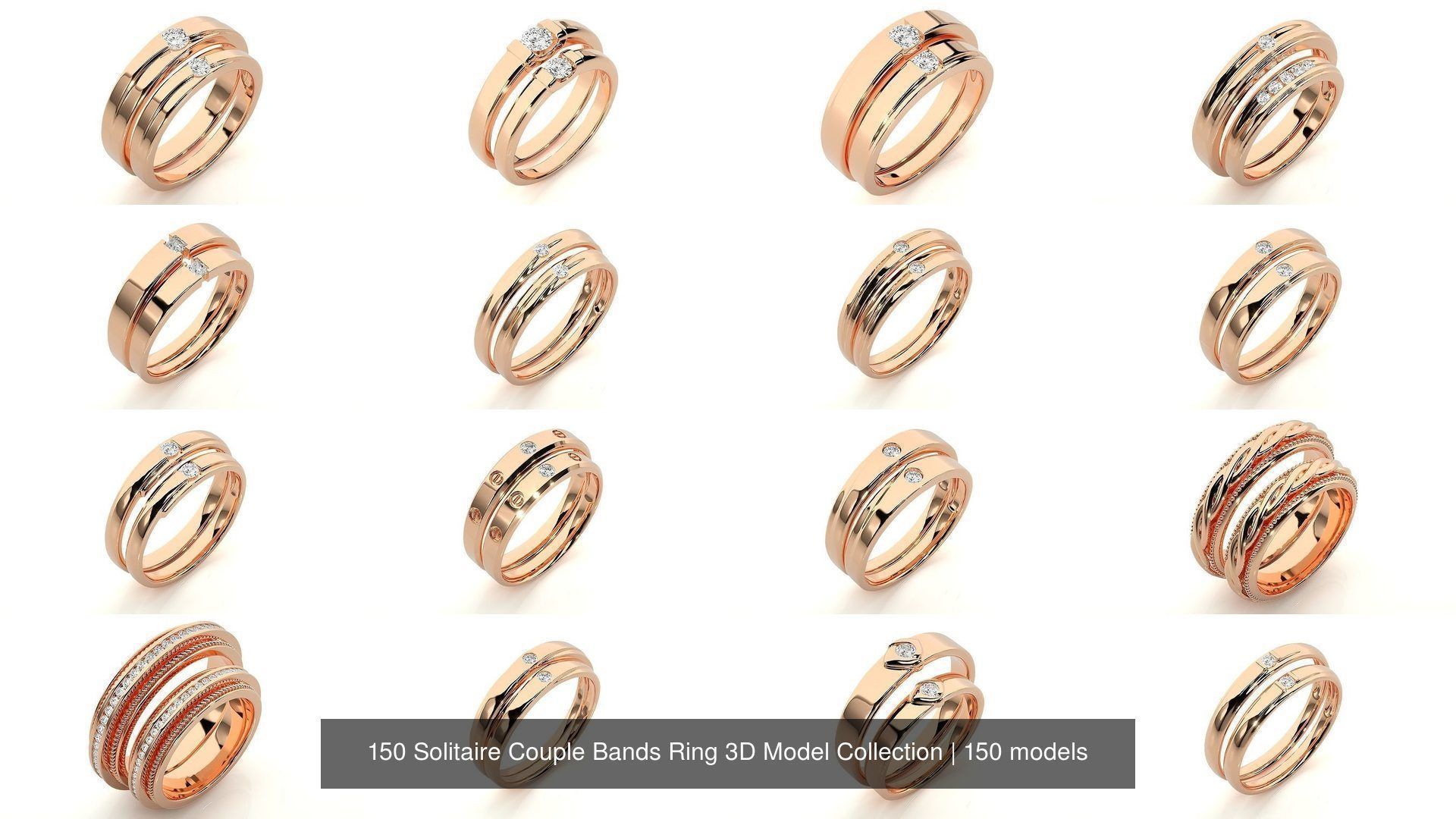 150 Solitaire Couple Bands Ring 3D Model Collection _8