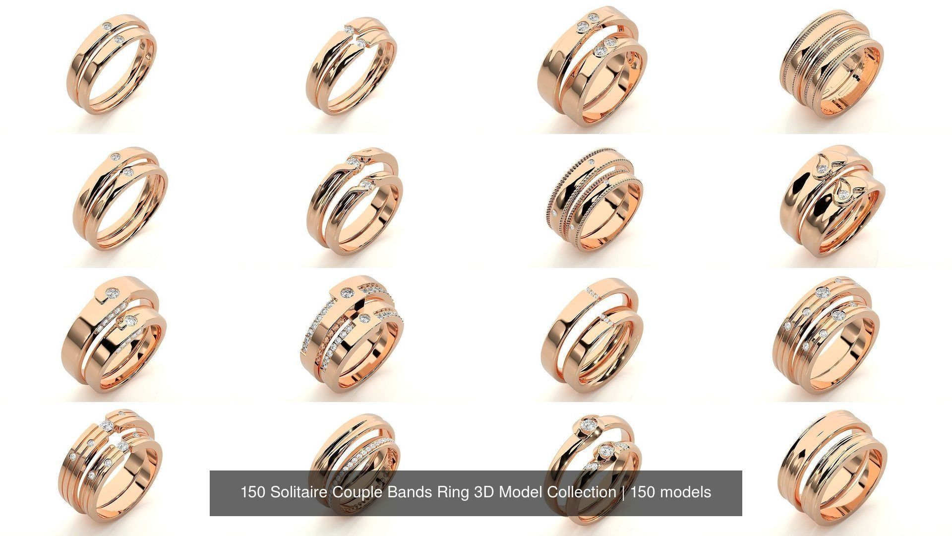 150 Solitaire Couple Bands Ring 3D Model Collection _11
