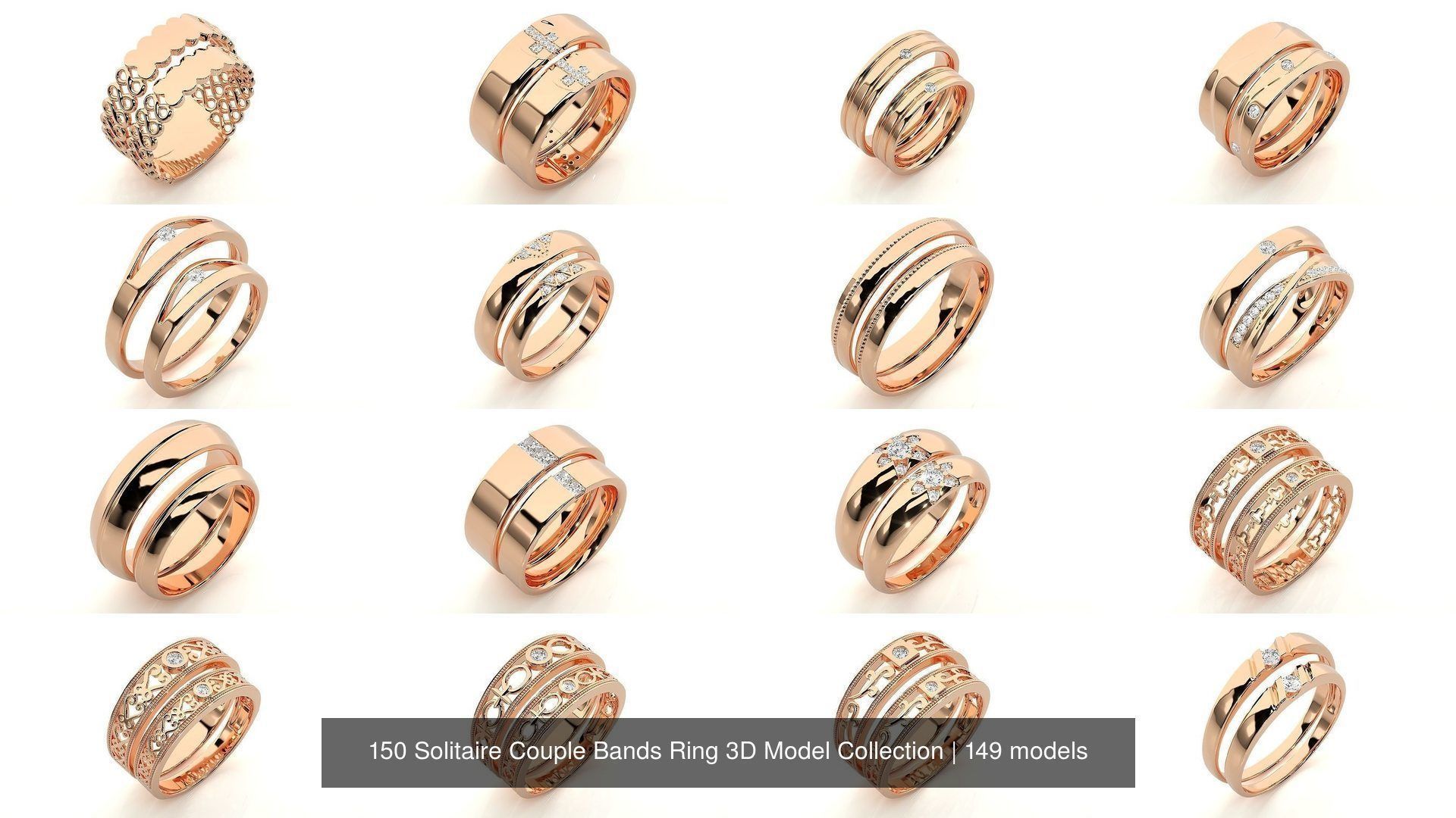 150 Solitaire Couple Bands Ring 3D Model Collection _21