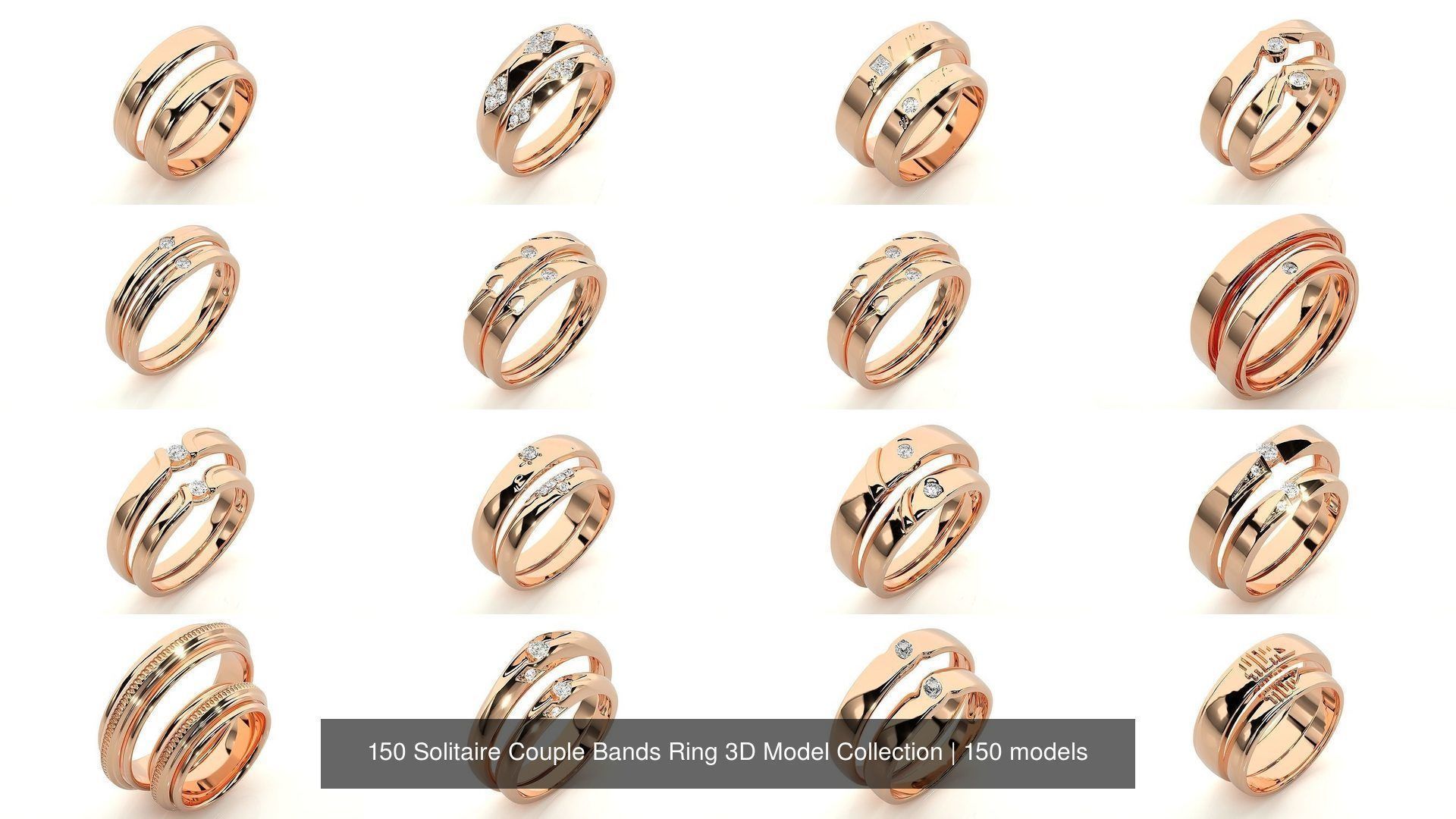 150 Solitaire Couple Bands Ring 3D Model Collection _17