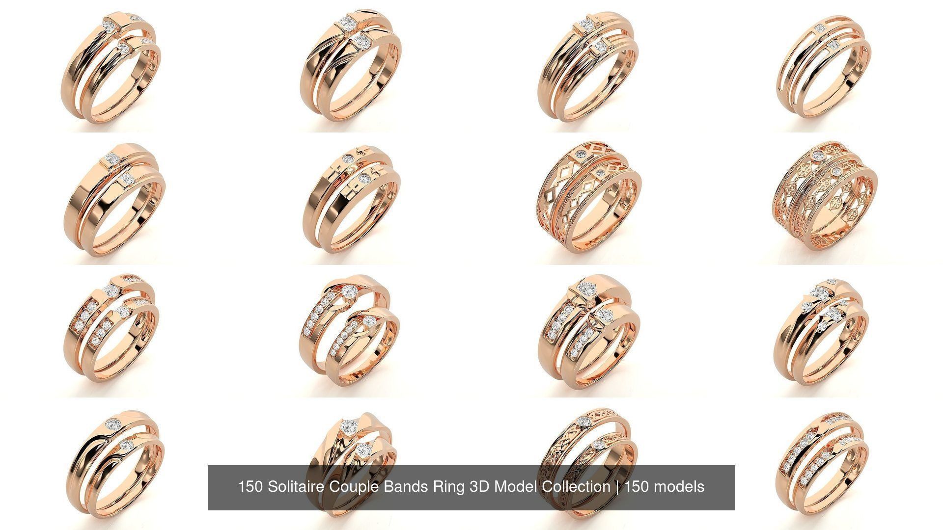 150 Solitaire Couple Bands Ring 3D Model Collection _5