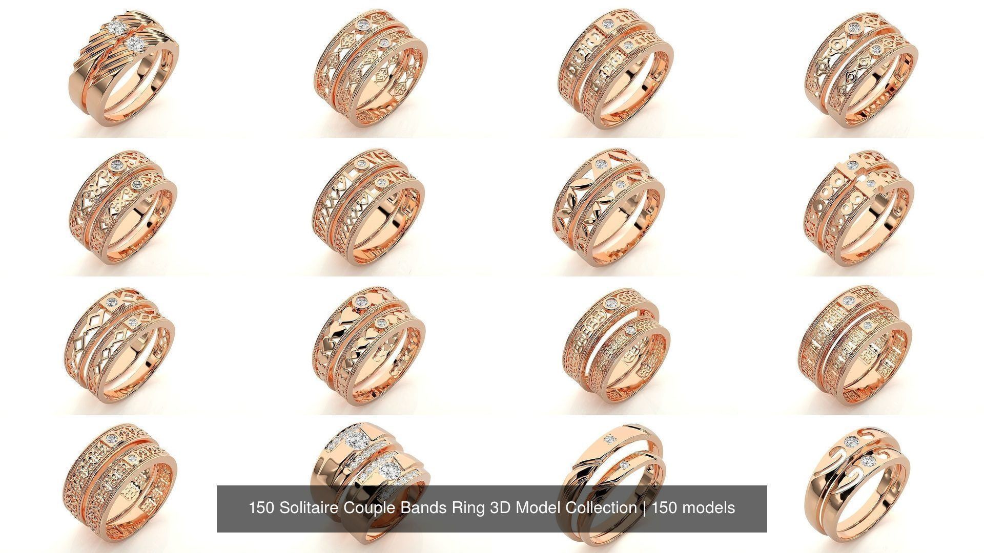 150 Solitaire Couple Bands Ring 3D Model Collection _2