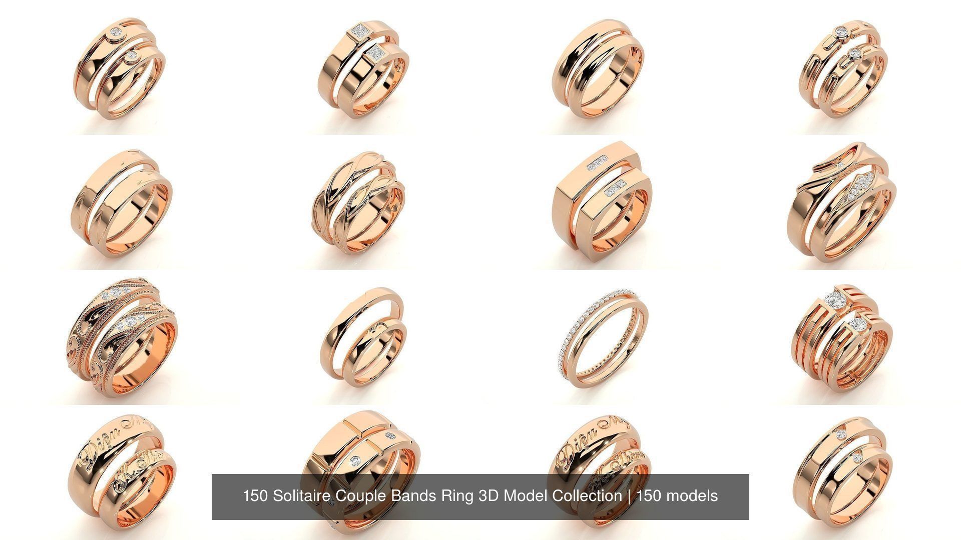 150 Solitaire Couple Bands Ring 3D Model Collection _14