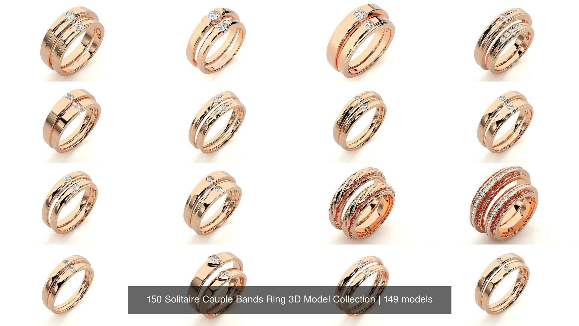 150 Solitaire Couple Bands Ring 3D Model Collection _9