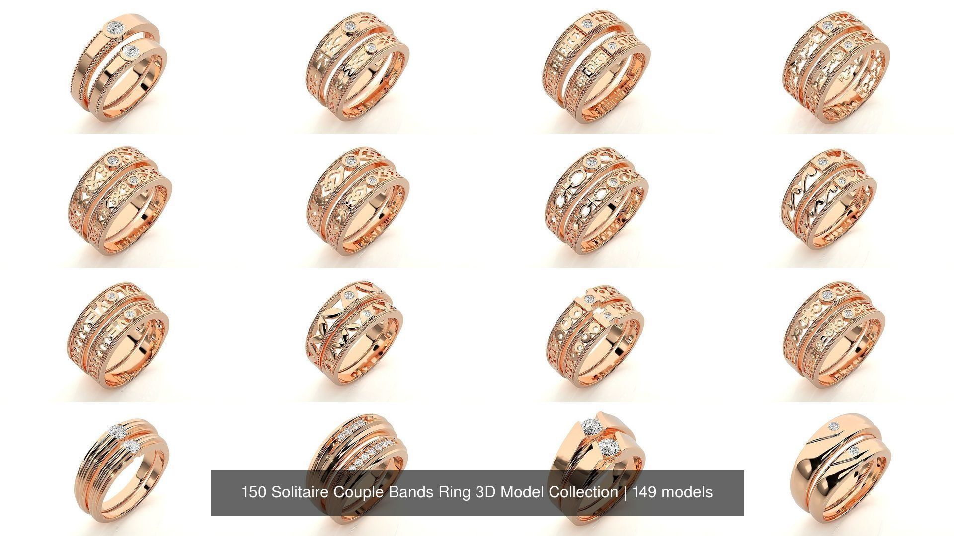 150 Solitaire Couple Bands Ring 3D Model Collection _24
