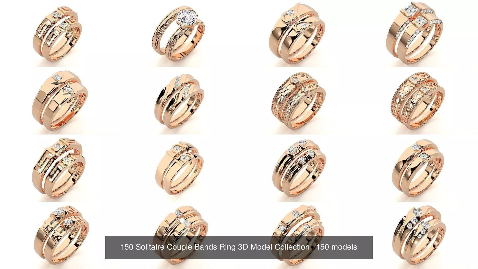 150 Solitaire Couple Bands Ring 3D Model Collection _0