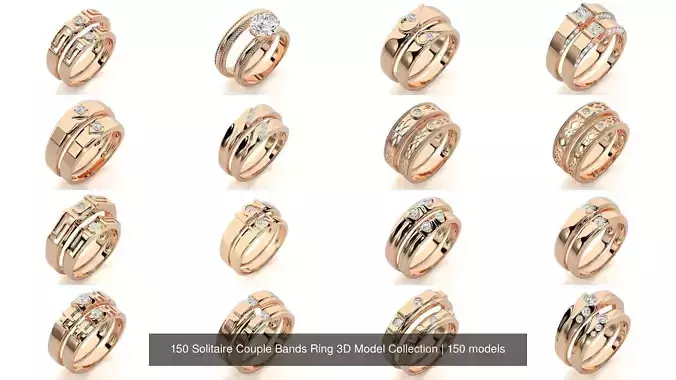 150 Solitaire Couple Bands Ring 3D Model Collection 