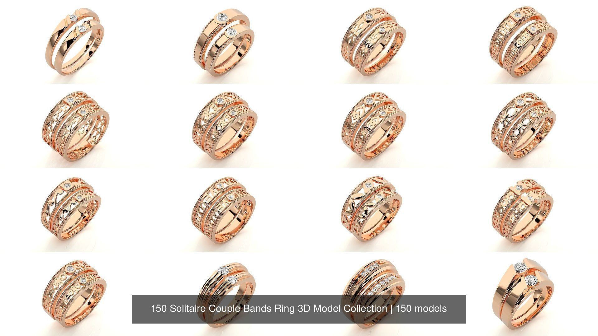150 Solitaire Couple Bands Ring 3D Model Collection _23