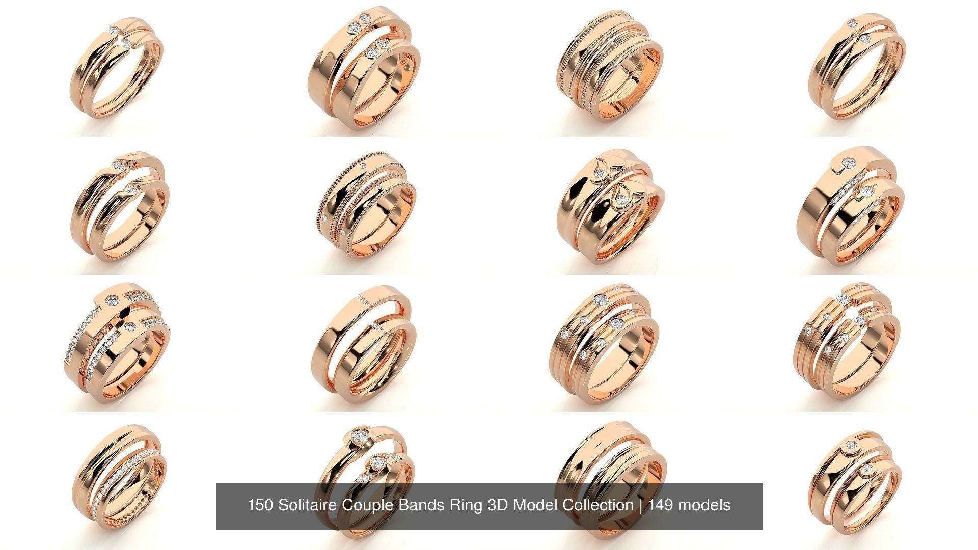150 Solitaire Couple Bands Ring 3D Model Collection _12