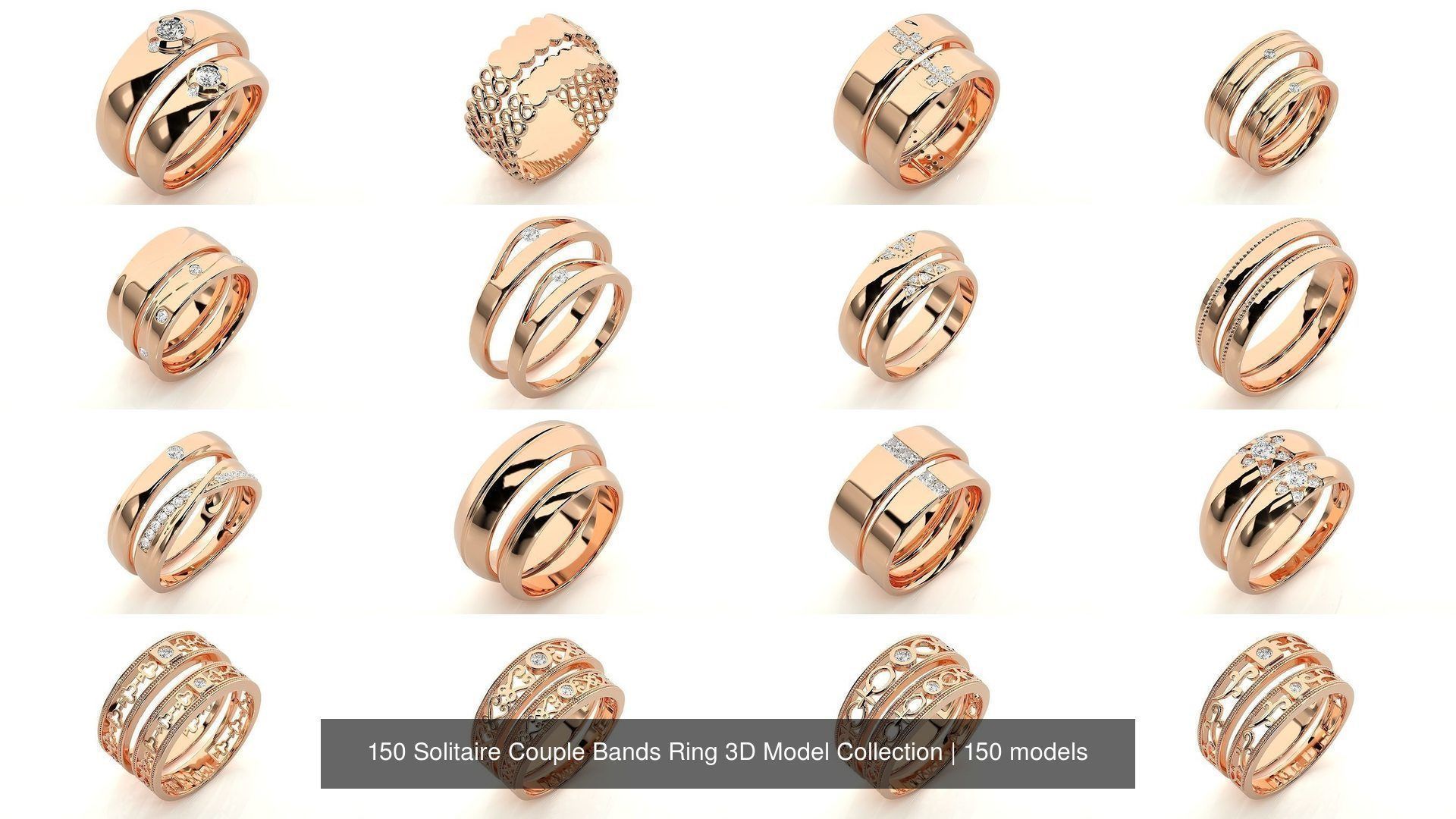 150 Solitaire Couple Bands Ring 3D Model Collection _20