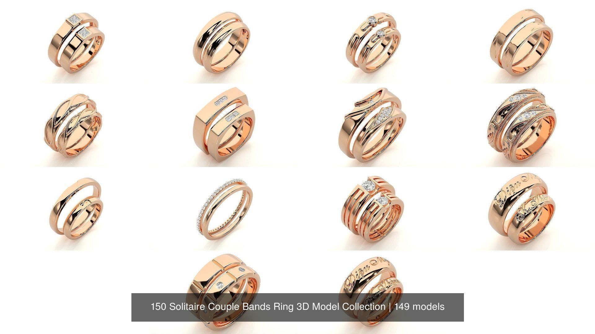 150 Solitaire Couple Bands Ring 3D Model Collection _15