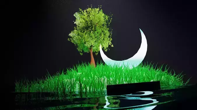natural crescent moon with tree in grass