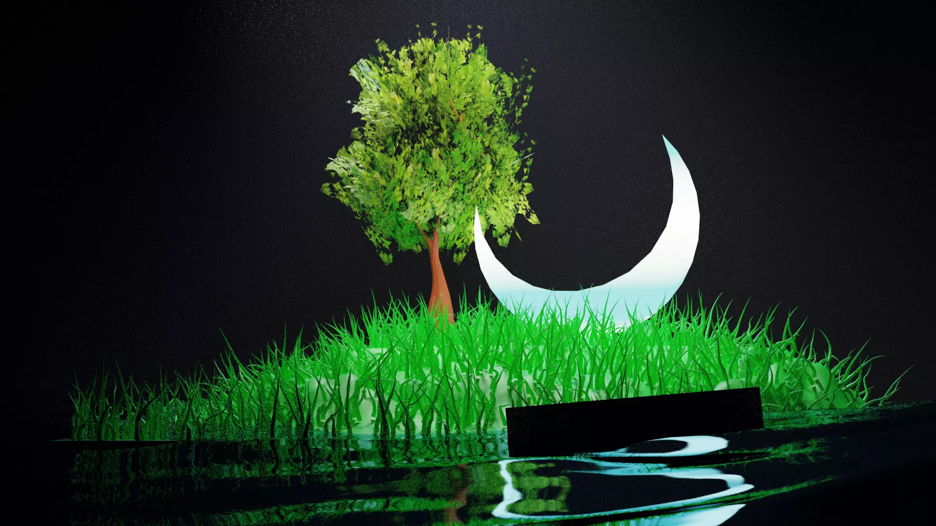 natural crescent moon with tree in grass Free low-poly 3D model_0