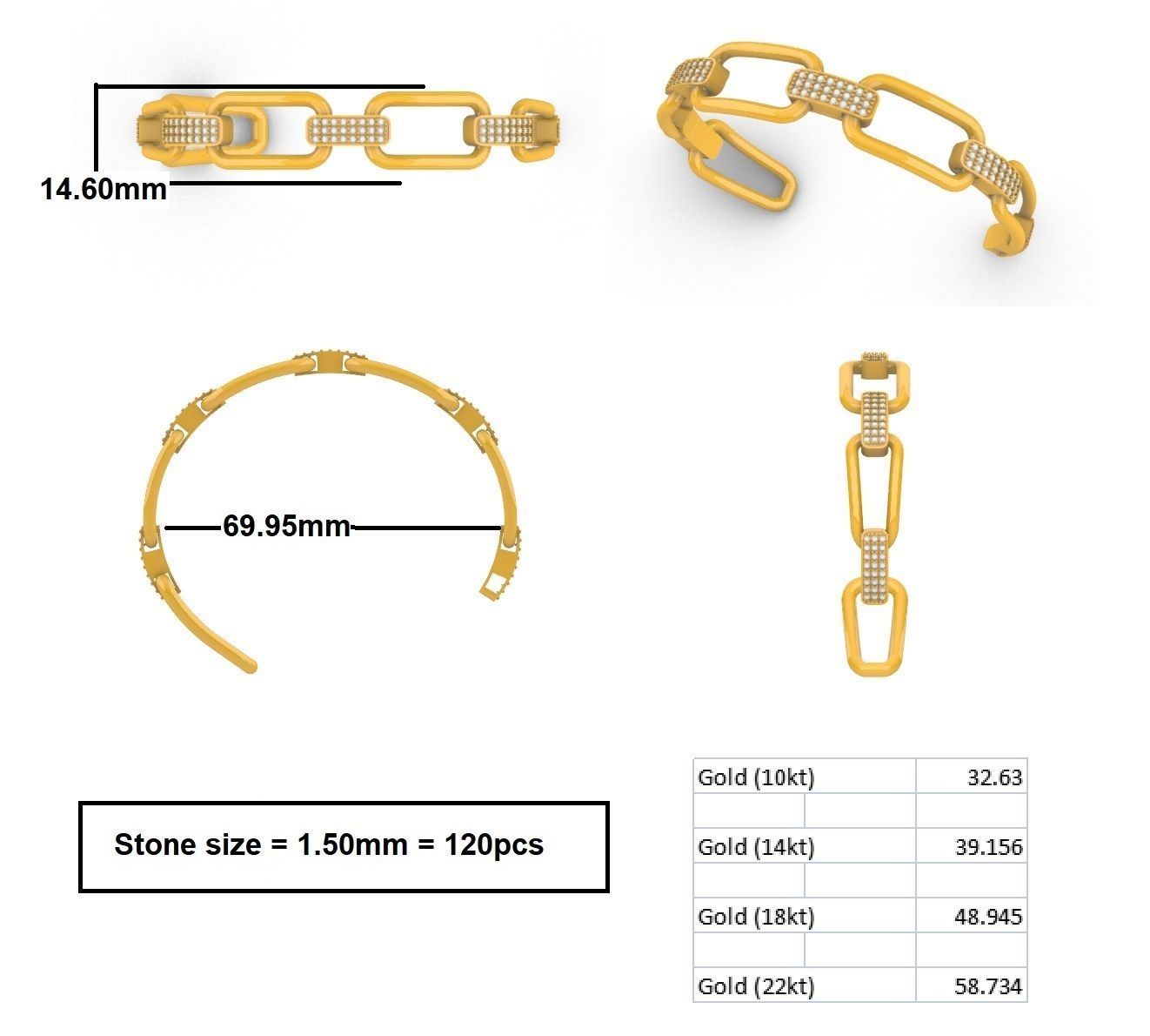 Diamond Set Open Link Gold Bracelet  3D print model_3