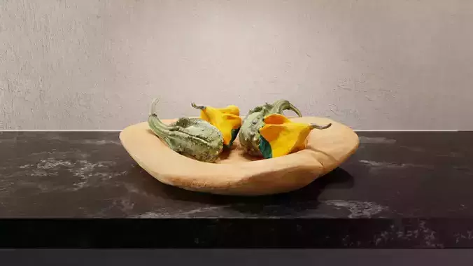 Scanned pack of small pumpkins and wooden bowl