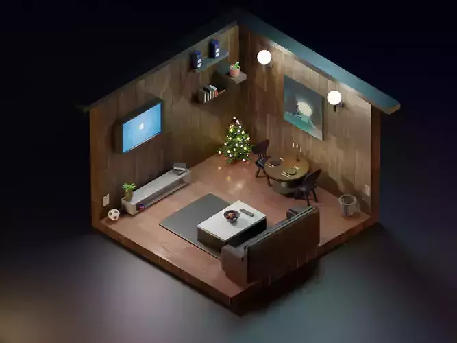Low Poly Room living with christmas tree Low-poly 3D model