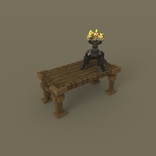 Voxel Medieval Table and Candle Low-poly 3D model