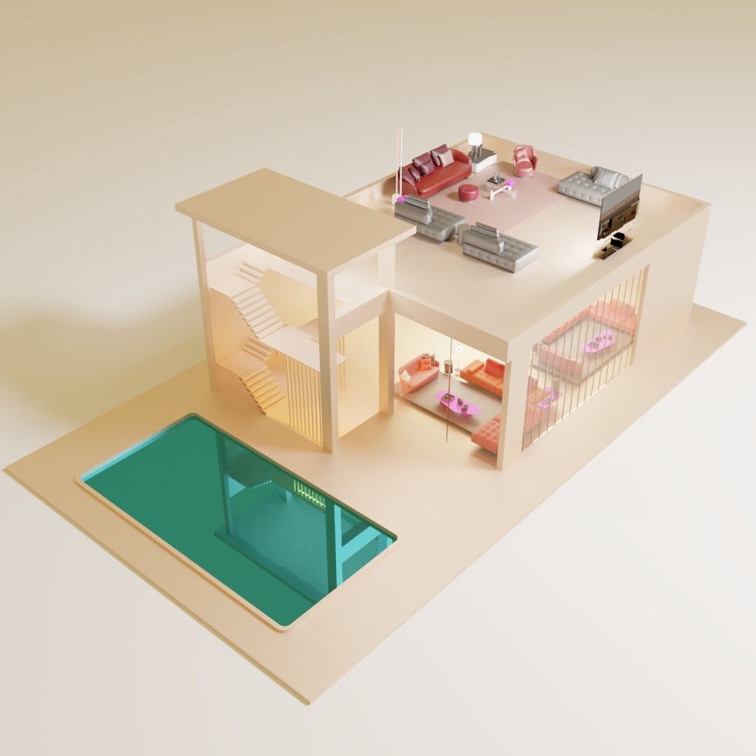 LOWPOLY HOME house with swimming pool Low-poly 3D model_1