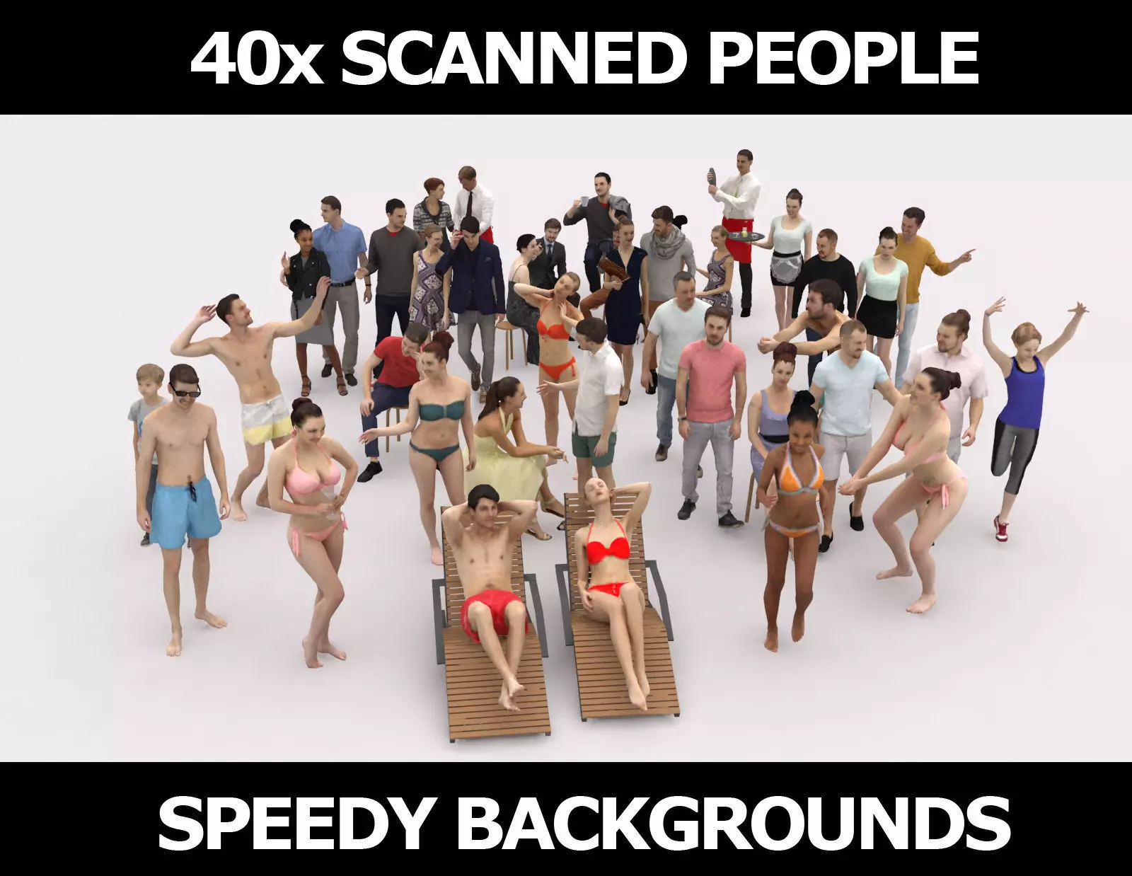 40x Crowds Scanned Beach Summer Casual Cafe People Low-poly 3D model