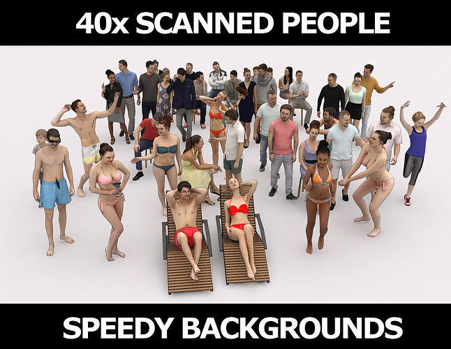 40x Crowds Scanned Beach Sitting Casual Cafe People  Low-poly 3D model