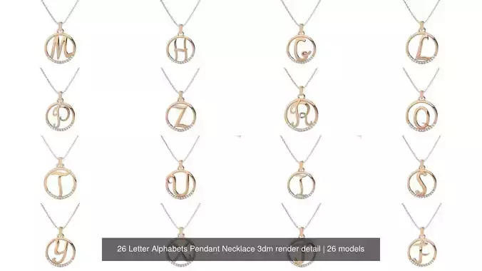 26 Letter Alphabets Pendant Necklace 3dm render detail 3D Model Collection