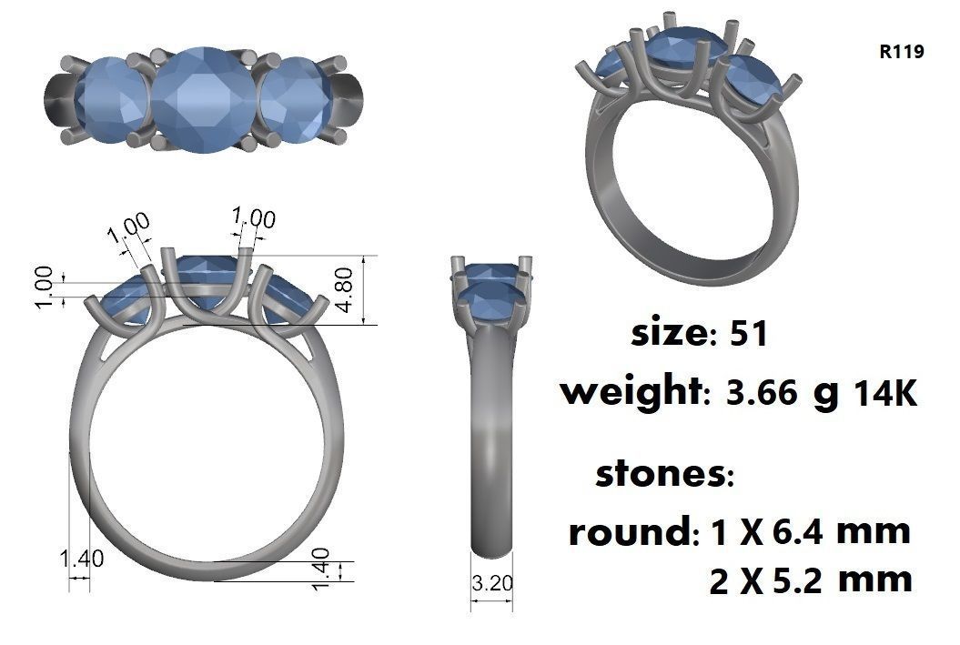 Three Stone Round Set diamonds Engagement Ring 3D print model_1