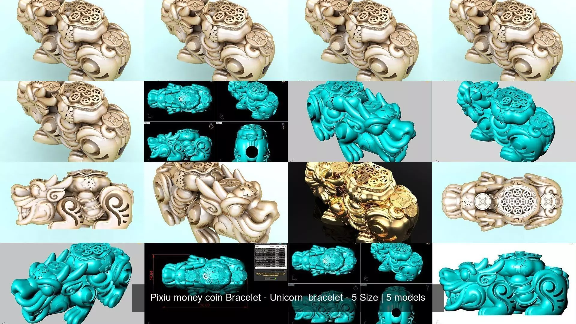 Pixiu money coin Bracelet - Unicorn bracelet - 5 Size 3D Model Collection_1