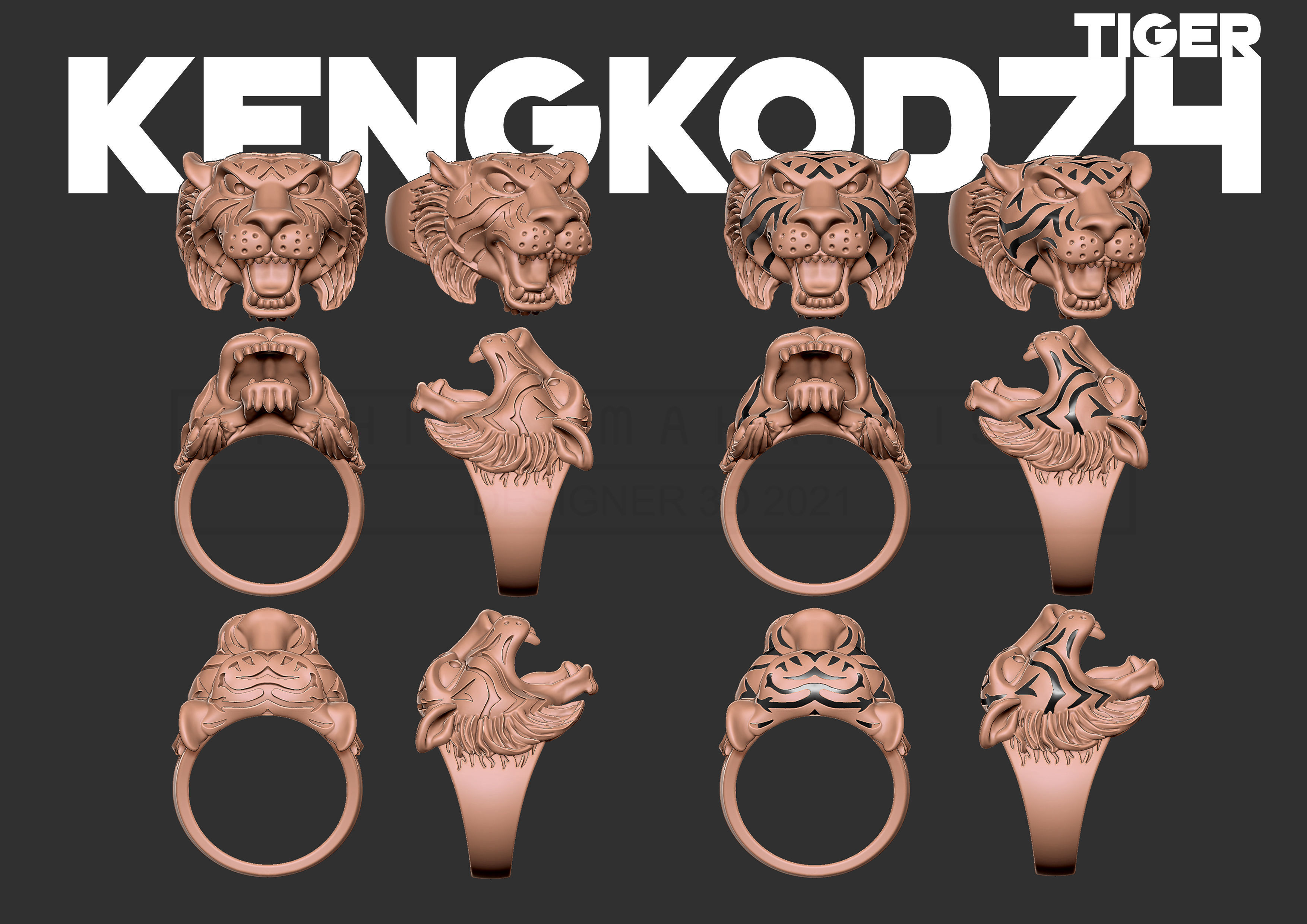 Kengkod74-Tiger gold tiger head ring 3D print model_3
