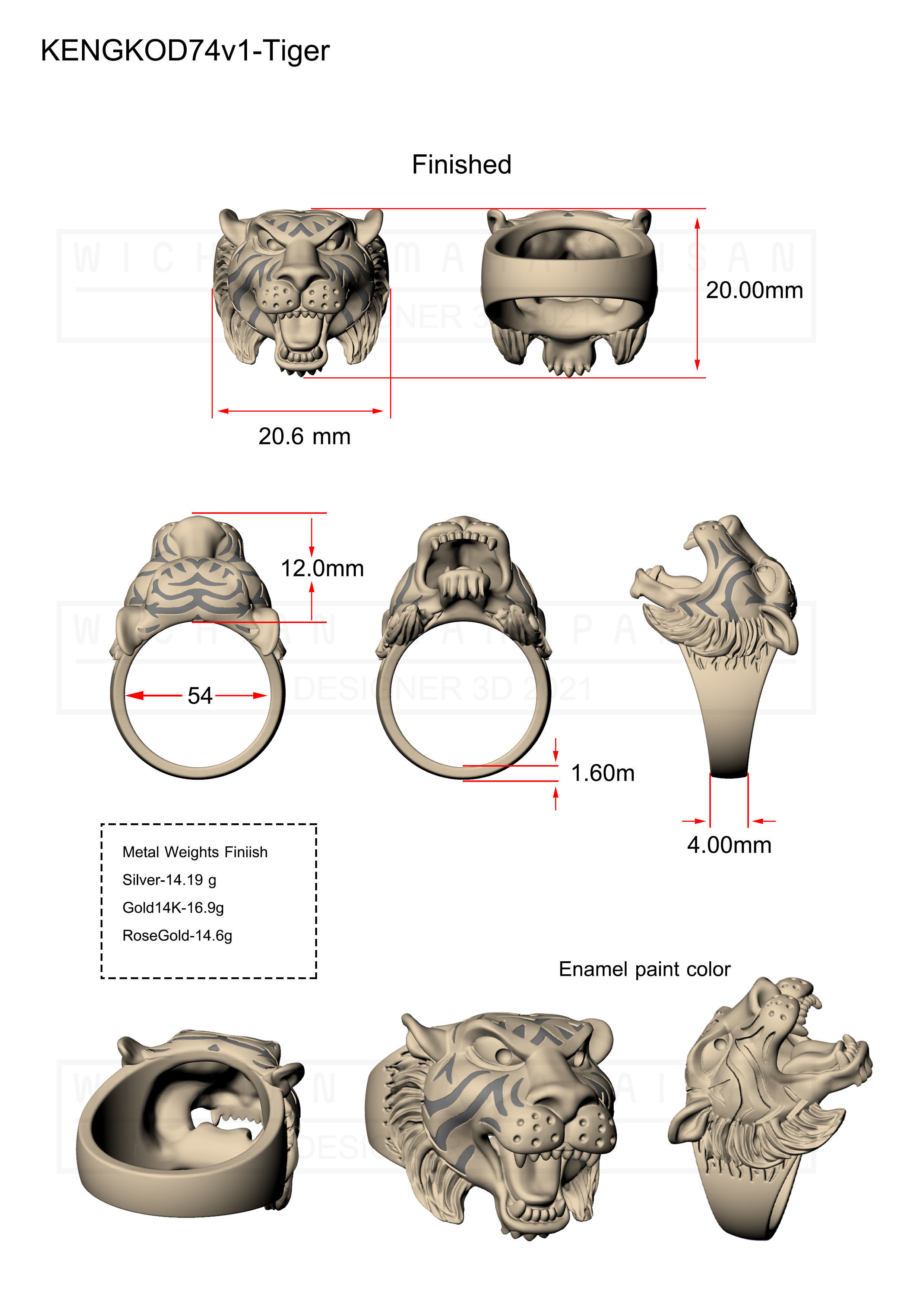 Kengkod74-Tiger gold tiger head ring 3D print model_2
