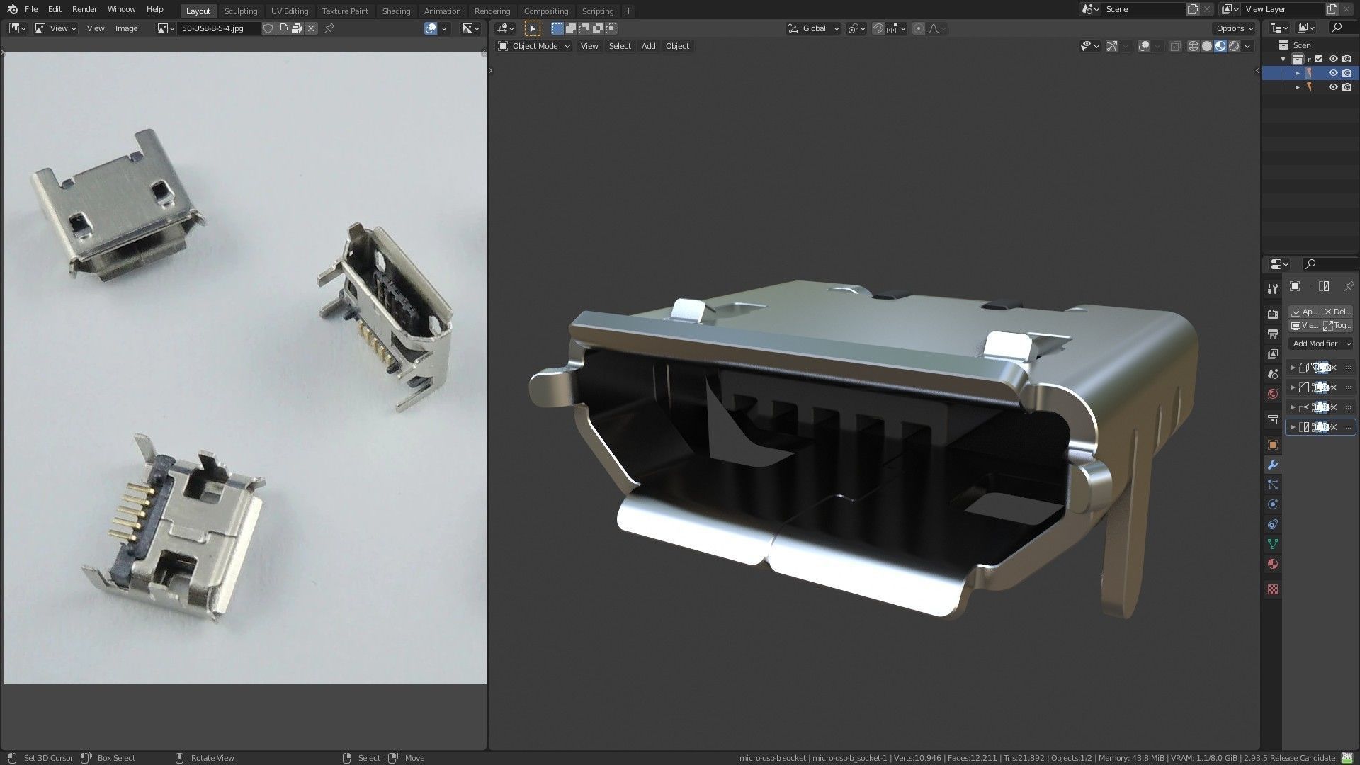 Micro USB B Type socket Low-poly 3D model_1