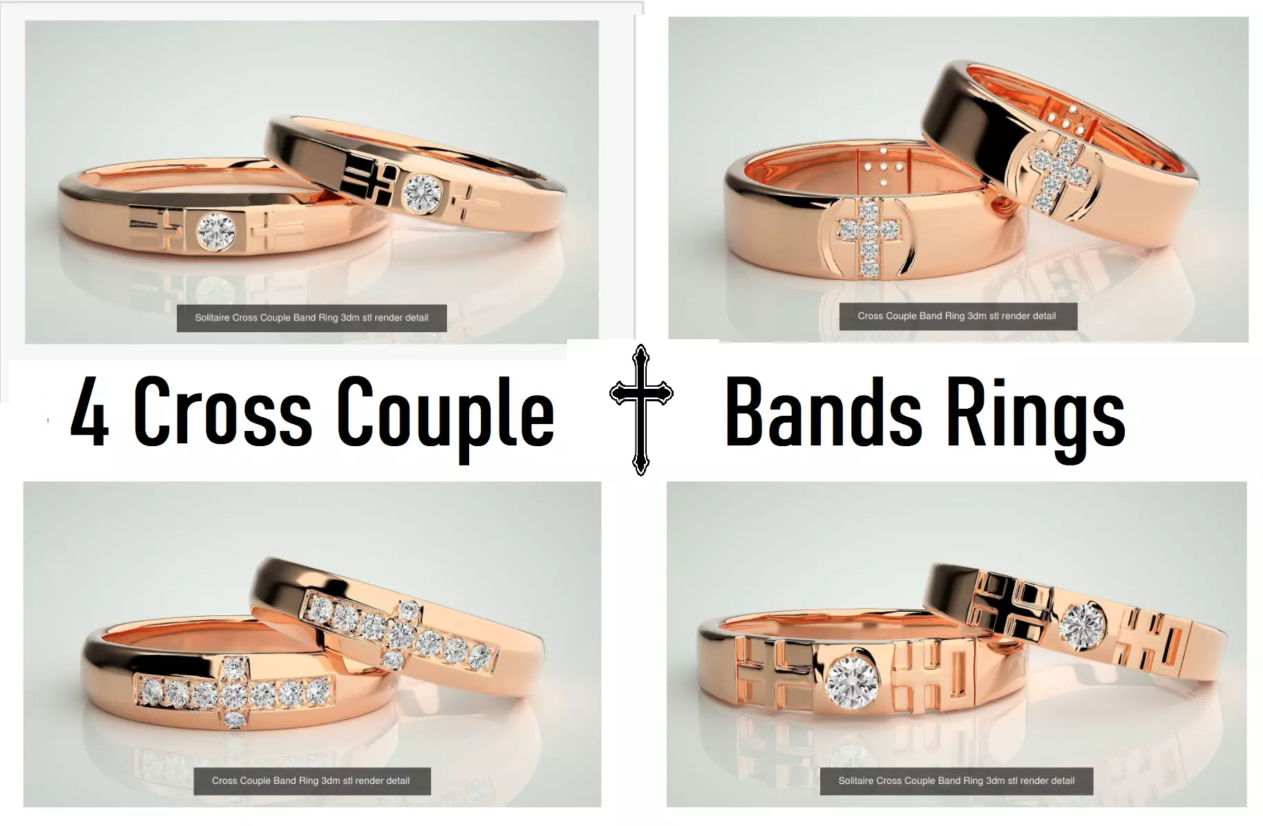 4 Cross Diamond Couple Bands 3dm stl renders Details 3D Model Collection_0