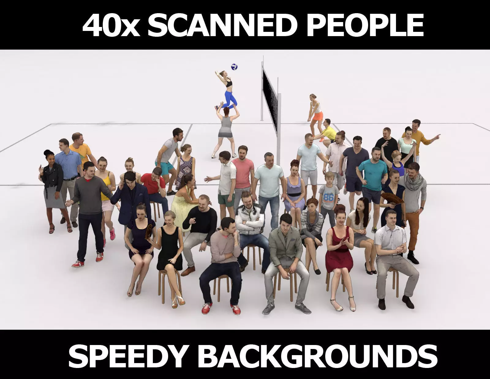 40x Crowds Scanned Sports Summer Casual Sitting People Low-poly 3D model
