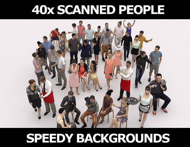40x  Crowds Scanned Summer Casual Cafe Sitting People  Low-poly 3D model