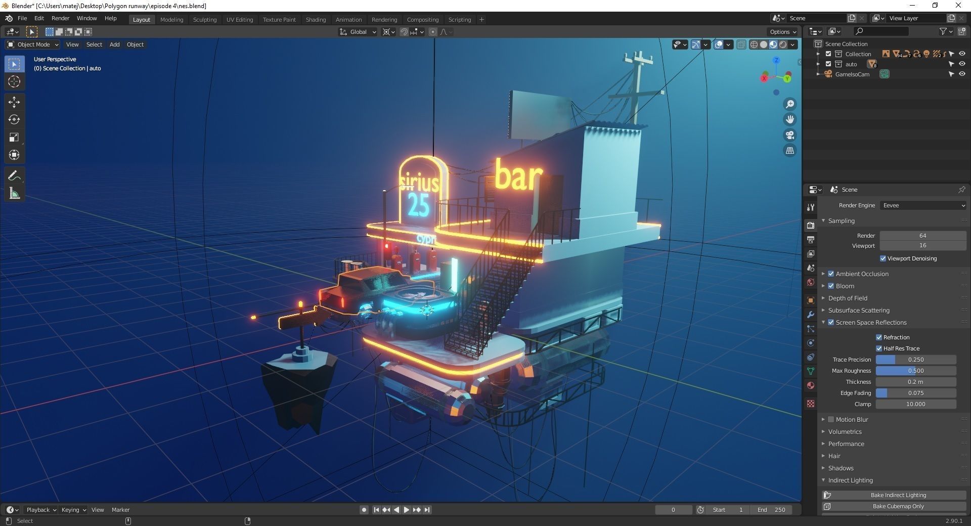 Low poly pitstop neon-lit building in ocean Low-poly 3D model_1