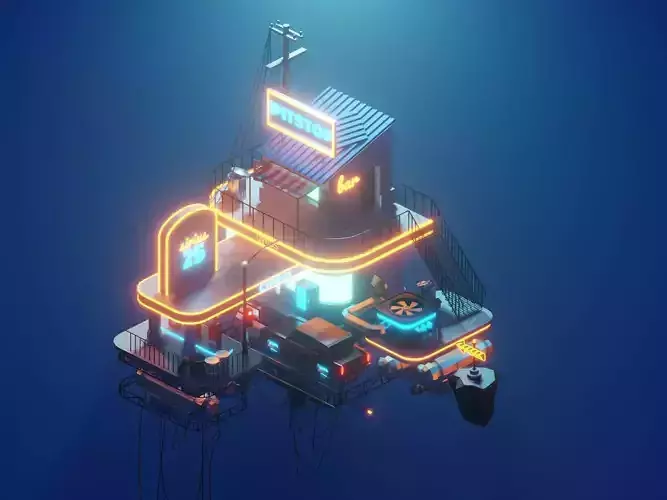 Low poly pitstop neon-lit building in ocean