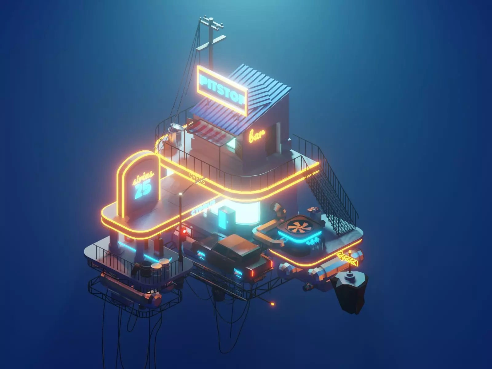 Low poly pitstop neon-lit building in ocean Low-poly 3D model_0