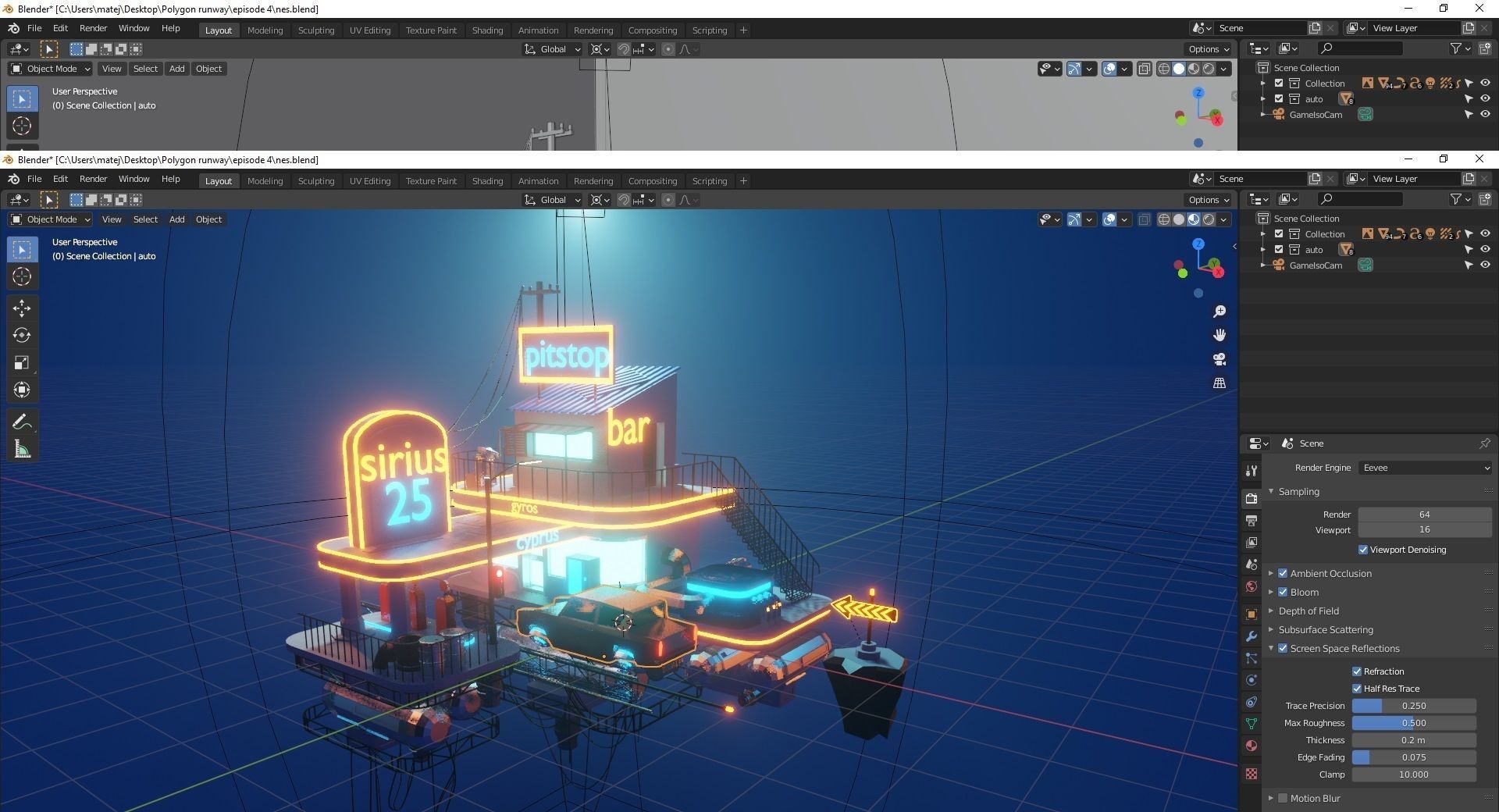 Low poly pitstop neon-lit building in ocean Low-poly 3D model_3