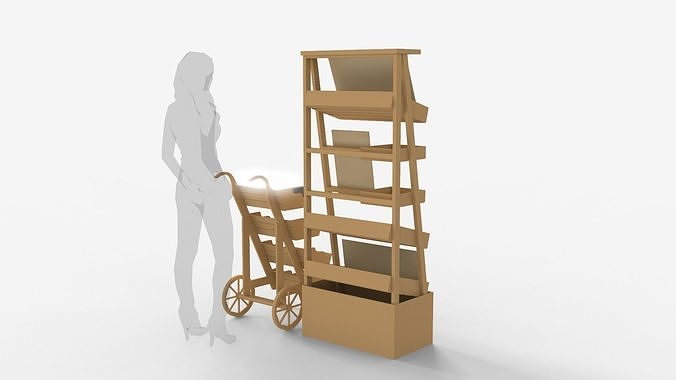 Wooden Display With Cart 3D model 6