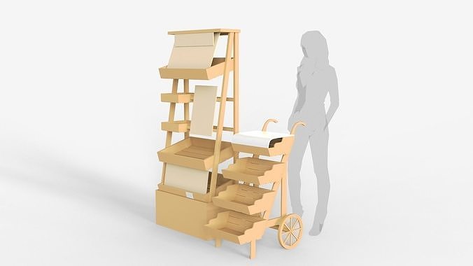 Wooden Display With Cart 3D model 3